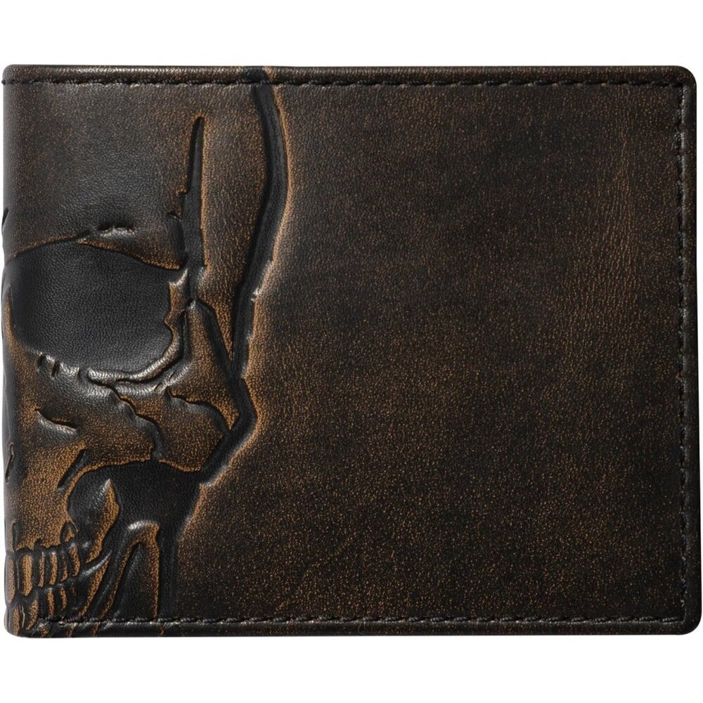 Men's Black With Two Id Windows Full Grain Cowhide Leather Wallet Bi Fold Skull
